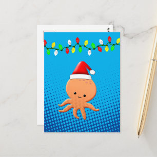 Süßer Cartoon-Oktopus mit Weihnachtsmannmütze und  Postkarte