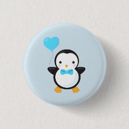 Süßer Cartoon-Pinguin mit blauem Herzballon Button