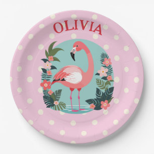 Süßer Cartoon-Rosa-Flamingo mit Tupfen Pappteller