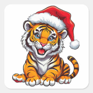 Süßer Cartoon-Tigerjunge mit Weihnachtsmannmütze Quadratischer Aufkleber