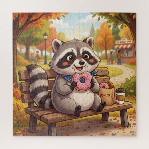 Süßer Cartoon-Waschbär isst Erdbeer-Donut