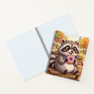 Süßer Cartoon-Waschbär isst Erdbeer-Donut Notizbuch