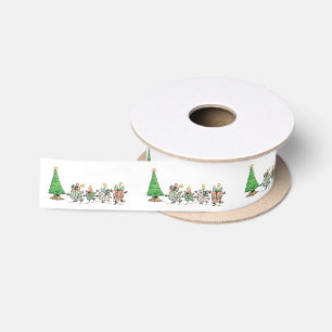 Süßer Cartoon-Weihnachtsbaum und tanzende Geschenk Satinband