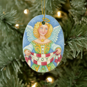 Süßer Cartoon-Weihnachtsengel mit Freudenvoll-Bann Keramikornament