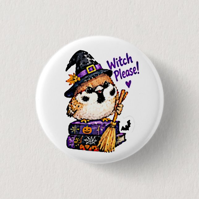 Süßer Chibi-Spatz-Vogel-Halloween-Hexe Bitte  Button (Vorderseite)