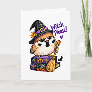 Süßer Chibi-Spatz-Vogel-Halloween-Hexe Bitte Karte