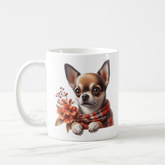 Süßer Chihuahua-Hund Welpe mit Blumen Kaffeetasse