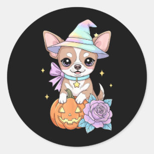 Süßer Chihuahua-Welpen-Hexen-Kürbis-Halloween Runder Aufkleber