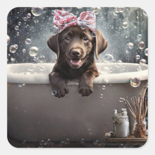 Süßer Chocolate Labrador Retriever in der Badewann Quadratischer Aufkleber