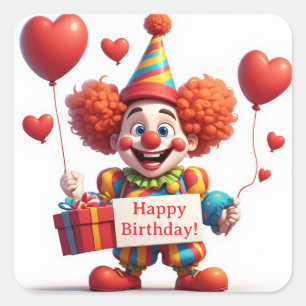 Süßer Clown hält Schild mit Geschenk ❤️ Quadratischer Aufkleber