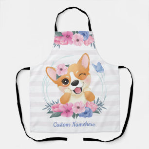 Süßer Corgi-Hund Blumenkranz Blauer Schmetterling Schürze