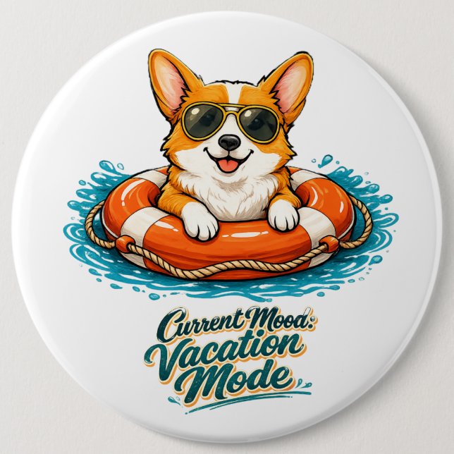 Süßer Corgi "Urlaubsmodus" Sommer-Design Button (Vorderseite)