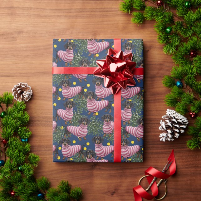 Süßer Dachshund im rosa Pullover Mistelzweig Navy Geschenkpapier (Feiertagsgeschenk)