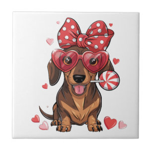 Süßer Dachshund mit Herzbrille und Polka-Punkten Fliese