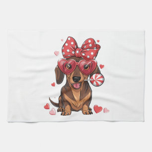 Süßer Dachshund mit Herzbrille und Polka-Punkten Geschirrtuch