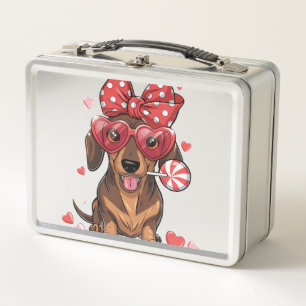 Süßer Dachshund mit Herzbrille und Polka-Punkten Metall Brotdose