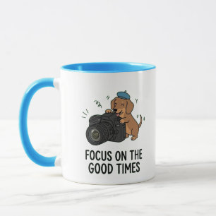 Süßer Dachshund mit Kamera "Gute Zeiten" Foto Lieb Tasse