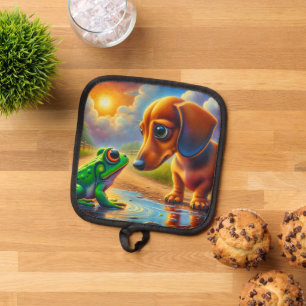 Süßer Dachshund und Frosch Topflappen
