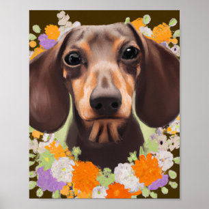 Süßer Dachshund-Welpe im Blumenmädchenzimmer Poster