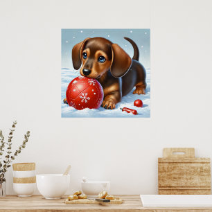 Süßer Dachshund-Welpe spielt im Schnee Poster