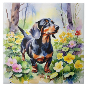 Süßer Dachshund Wursthund Frühlingsschlüsselblumen Fliese