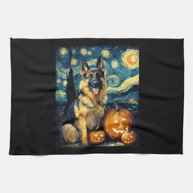 Süßer Deutscher Schäferhund Halloween Jack O Lante Geschirrtuch (Horizontal)