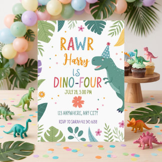 Süßer Dino-Vier-Dinosaurier-Junge zum 4. Geburtsta Einladung