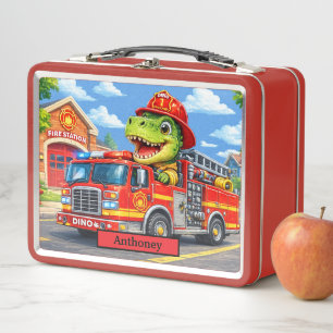 Süßer Dinosaurier-Feuerwehren-LKW Kinder T Rex Metall Brotdose