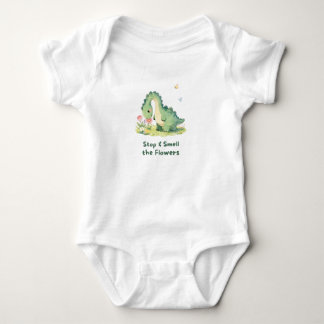 Süßer Dinosaurier Halt und riech an den Blumen Bab Baby Strampler