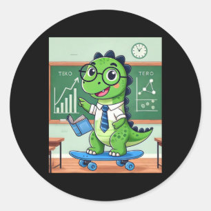 Süßer Dinosaurier-Lehrer Skateboarding im Klassenz Runder Aufkleber