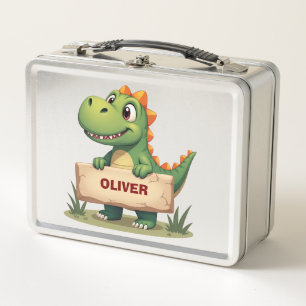 Süßer Dinosaurier mit Namensschild personalisiert Metall Brotdose