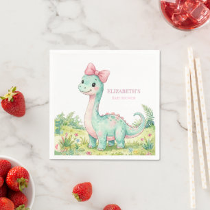 Süßer Dinosaurier mit rosa Schleife Baby Shower Serviette