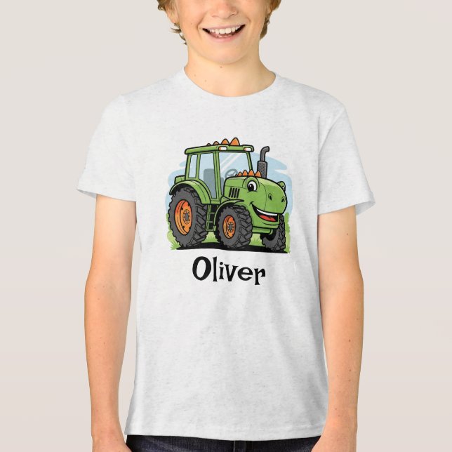 Süßer Dinosaurier-Traktor Kinder Tri-Blend Shirt (Vorderseite)