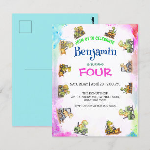 Süßer Dinosaurier-Traktor Regenbogen B2S Schule Ge Postkarte