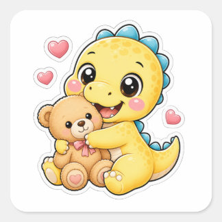 Süßer Dinosaurier umarmt Teddybär Quadratischer Aufkleber