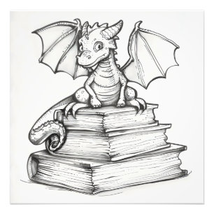 Süßer Drache und Bücher Fotodruck