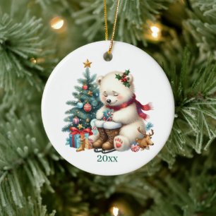 Süßer Eisbär fügt Datum und Nachricht Weihnachten Keramik Ornament