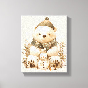 Süßer Eisbär mit Schneemann Leinwand Kinderzimmer