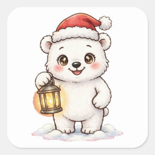 Süßer Eisbär-Santa-Laternen-Weihnachtsaufkleber Quadratischer Aufkleber
