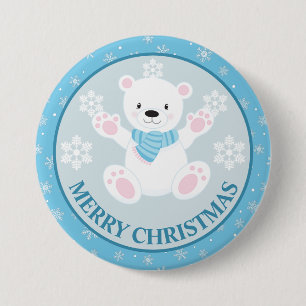 Süßer Eisbär und Schneeflocken Blaues Weihnachten Button
