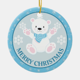 Süßer Eisbär und Schneeflocken Blaues Weihnachten Keramik Ornament