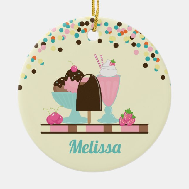 Süßer Eiscreme-Eiscremebecher u. Erdbeerfloss Keramik Ornament (Vorne)