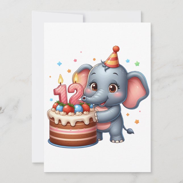 Süßer Elefant 12. Geburtstag Einladung (Vorderseite)