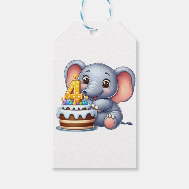 Süßer Elefant 4. Geburtstag Geschenkanhänger (Vorderseite)