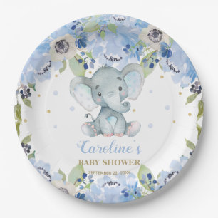 Süßer Elefant Baby Shower Blau Floral  Pappteller