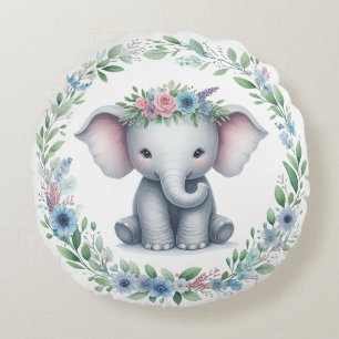Süßer Elefant mit blauem Blumenschmuck Rundes Kissen