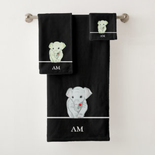 Süßer Elefant & Monogramm auf Schwarz Badhandtuch Set