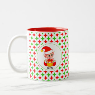 Süßer Elf auf grünem und rotem Diamant-Stern-Muste Zweifarbige Tasse