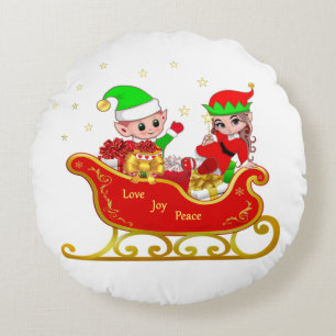 Süßer Elf auf Weihnachtsschlitten Rundes Kissen