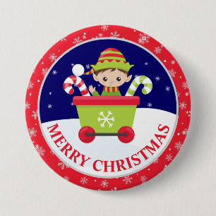 Süßer Elf-Junge im Zug und Schneeszene Weihnachten Button